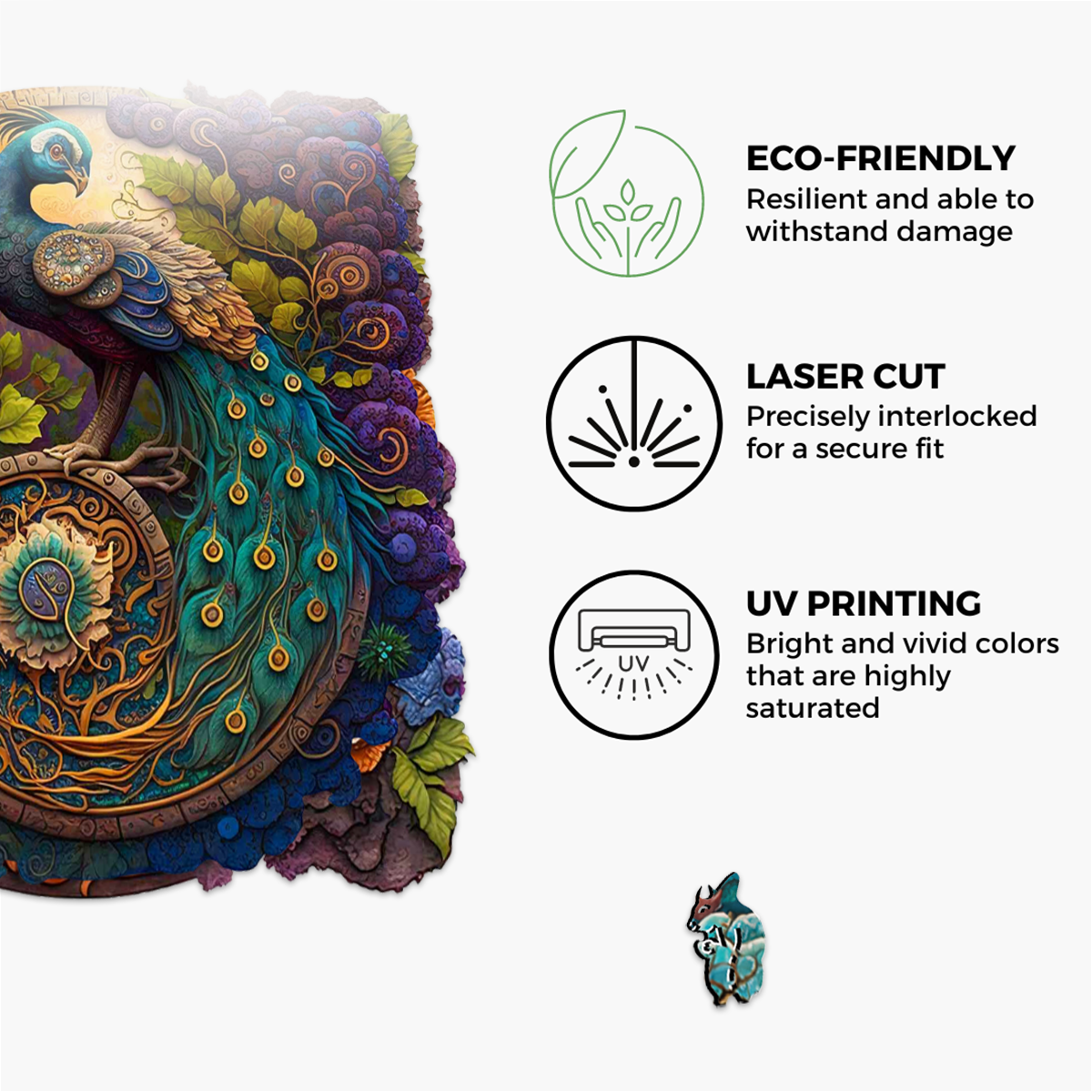 Puzzle en bois de paon enchanteur, parfait pour les adultes